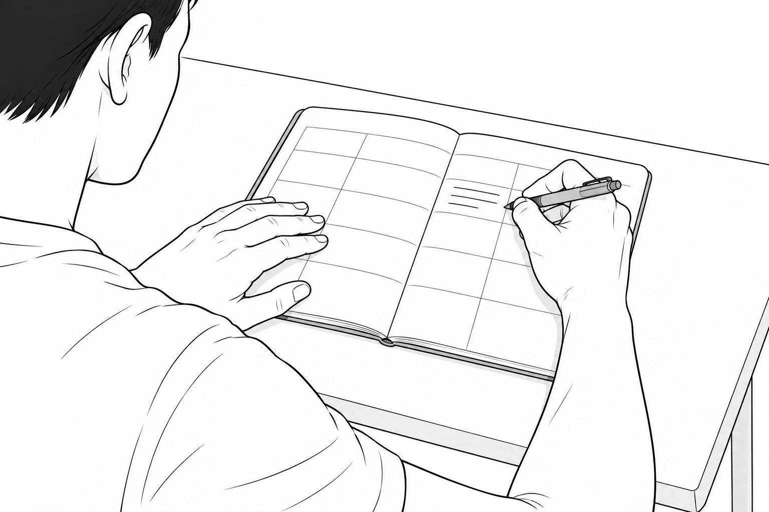 펜과 노트를 이용해 두통이 생긴 날의 증상과 약 사용을 기록하는 장면
