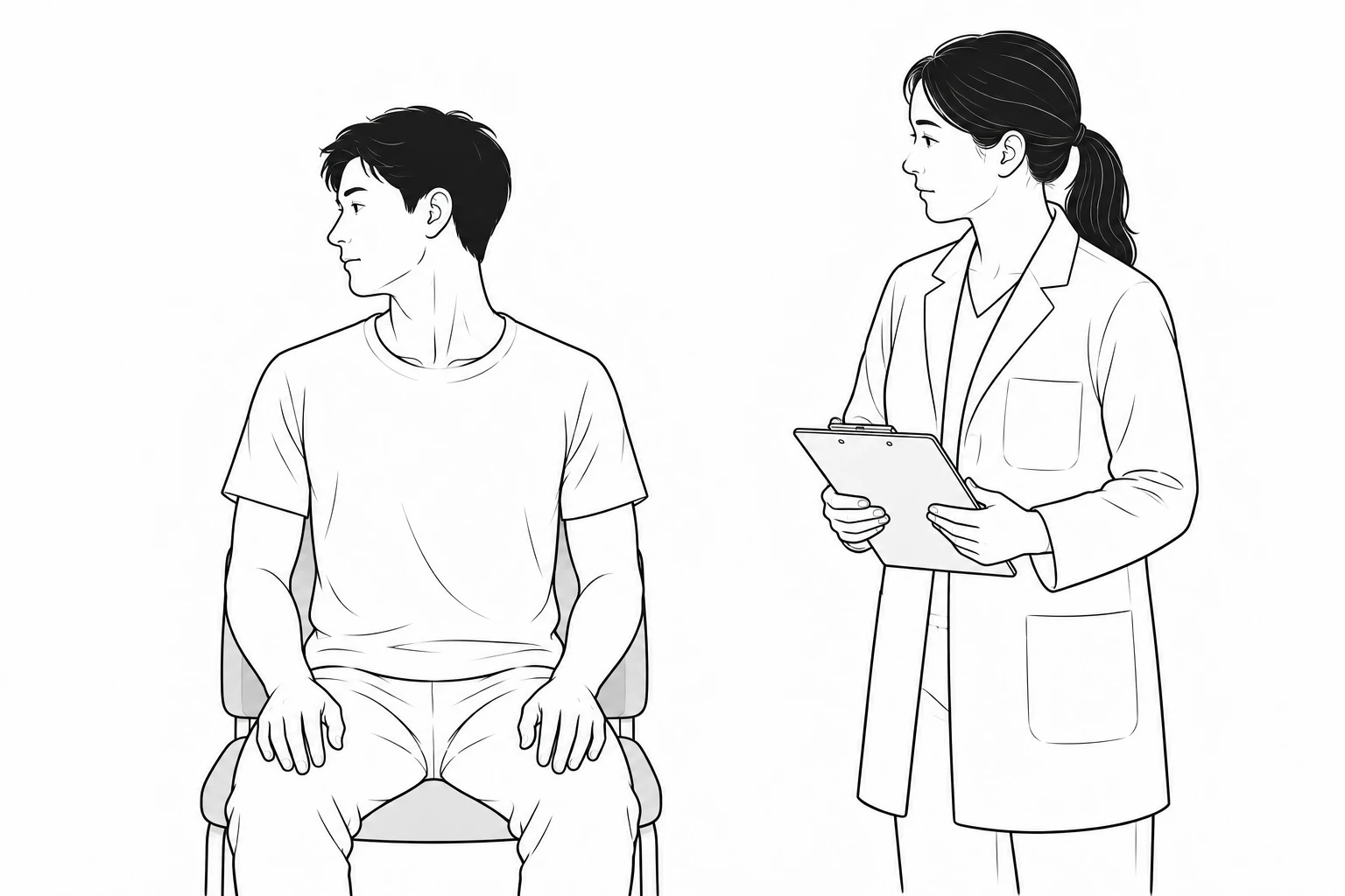 앉은 환자가 고개를 편안하게 돌리는 동안 의료진이 목의 움직임을 살펴보는 장면