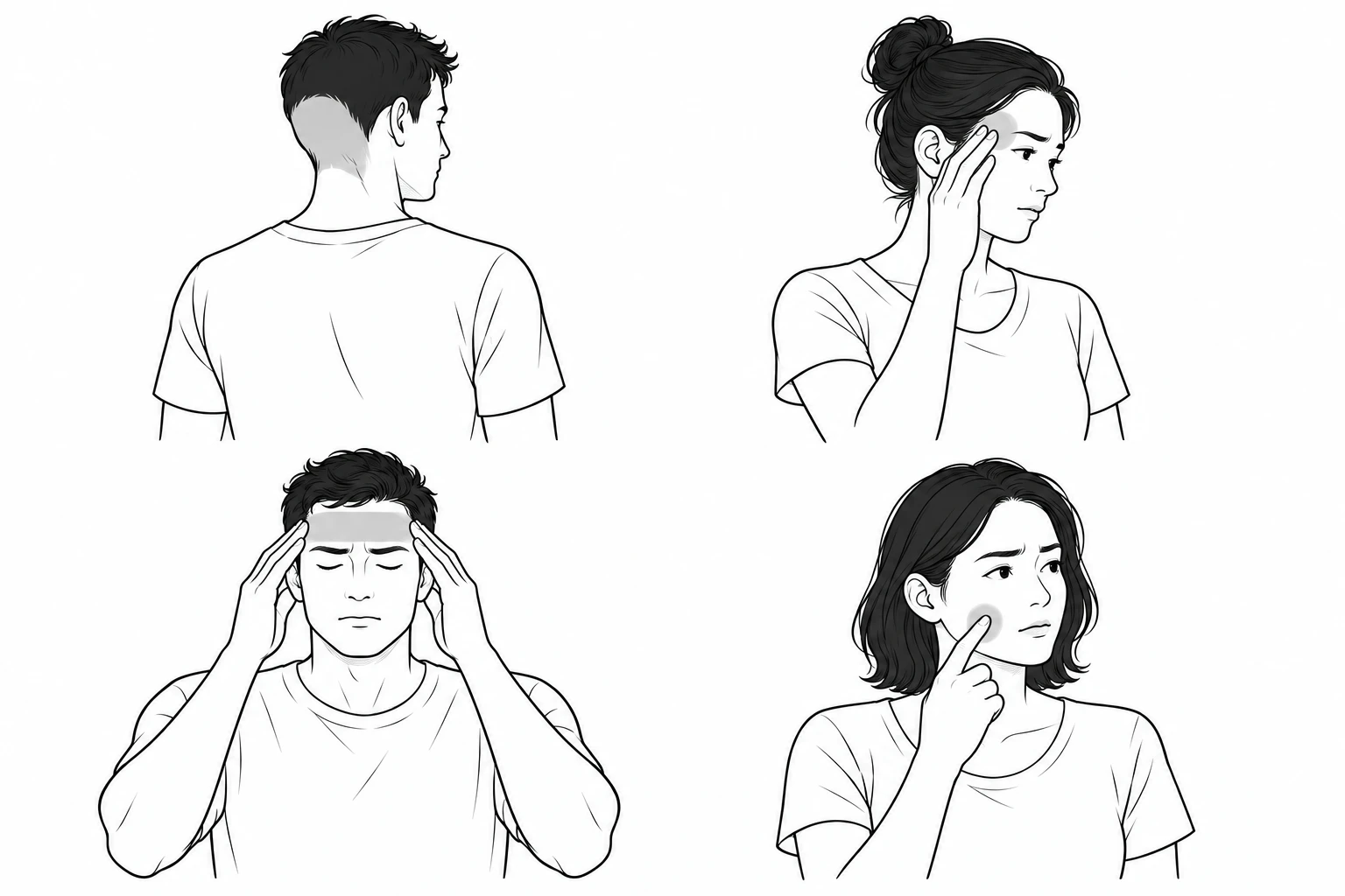 목 뒤의 불편, 한쪽 관자놀이 통증, 양쪽 머리의 조이는 느낌, 가벼운 얼굴 접촉에 따른 통증을 표현한 네 장면