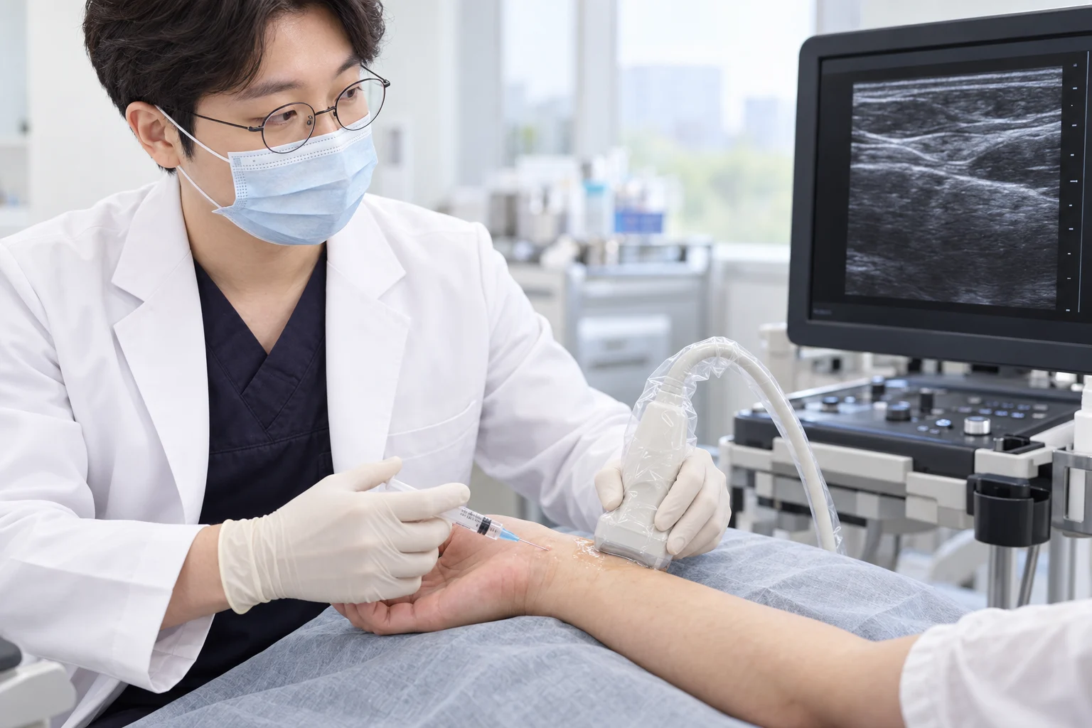AI 생성 설명 이미지: 마스크를 쓴 한의사가 초음파 화면과 프로브를 보며 팔 부위에 시술하는 모습. 실제 진료 장면이 아닙니다.